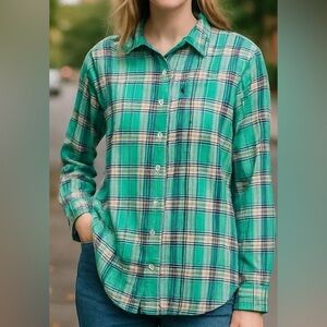 J Crew Green Plaid Cotton Button- Down Shirt Size Large